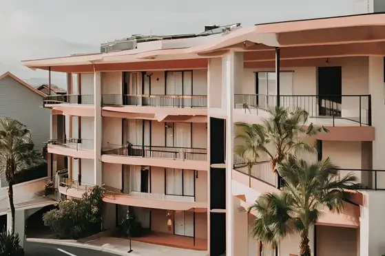 Contrat de sanitation pour hôtel Bâtiment moderne avec plusieurs balcons et palmiers, décor rose.