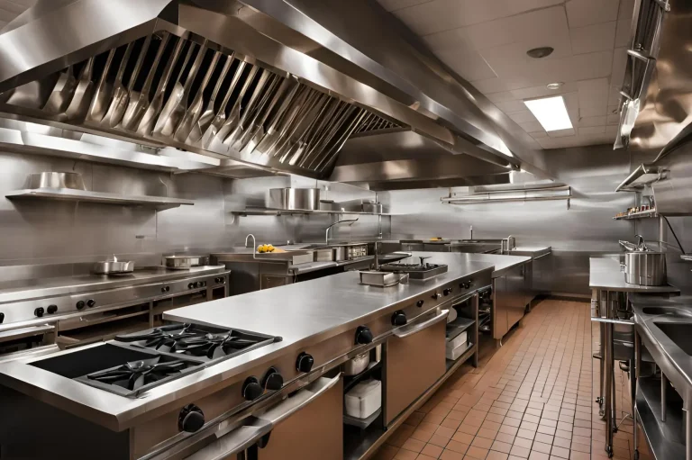 Contrat pour restaurant Cuisine professionnelle moderne avec équipements en acier inoxydable et surfaces claires.