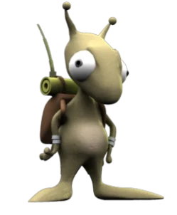 Spécialiste de la lutte contre les nuisibles depuis 1988 Personnage de dessin animé ressemblant à un escargot, avec un sac à dos et de grands yeux.